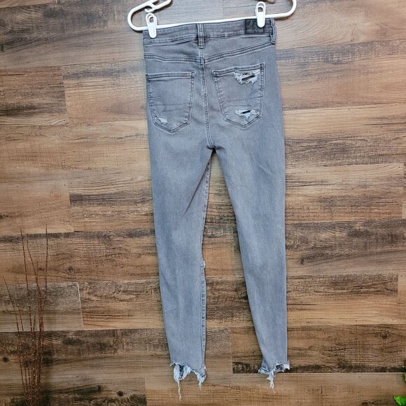 American Eagle Jeans 4 R Next Level Stretch Hi Rise Jegging Gray Ripped - Picture 2 of 11